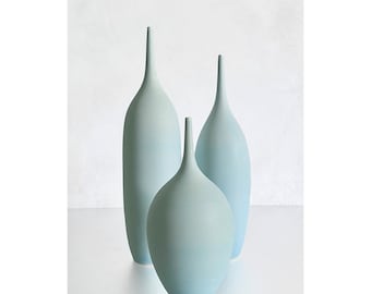 SHIPS NOW- Seconds Sale - Set of 3 Stoneware Bottle Vases in Super Matte Ice Blue by Sara Paloma Pottery