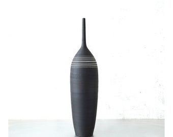 18" tall Stoneware Ceramic Floor Vase in Raw Black Matte Clay Vase with White Porcelain Stripes by Sara Paloma Pottery