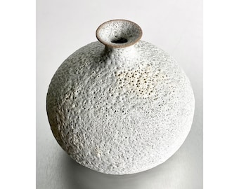 Modern Textural Ceramic Round Flower Vase in Crater White Lava Glaze by Sara Paloma Pottery .  textural minimal botanical earthy bud vase