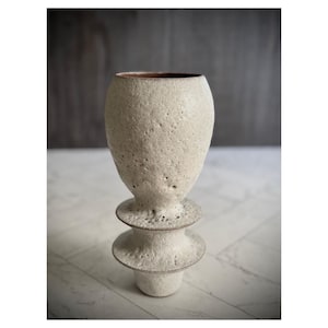 May include: A textured, off-white ceramic vase with a bulbous top and a dark brown interior. The vase has a unique, layered design with two circular platforms and a small base. The surface has a rough, porous texture.