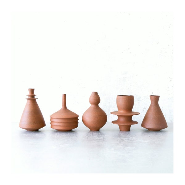 Made To Order- Set of 5 ceramic mini vases in raw unglazed earth toned clay by sarapaloma.  modern bud vase terra cotta color decor