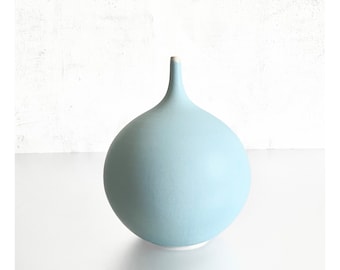 Large Round Ceramic Bottle Vase in Modern Ice Blue Super Matte Glaze by Sara Paloma. minimalist color pop handmade living room decor scandi