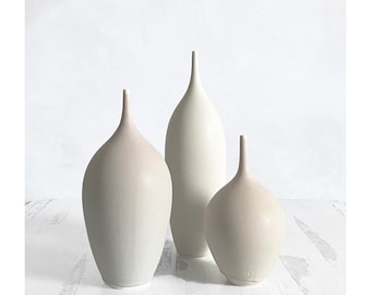 Trio of Taupe & Grey Ceramic Bottle Vases in Various Shades of Matte Neutrals. gray tan ecru linen bud vase set mcm decor handmade stoneware