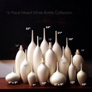 May include: A collection of sixteen mixed white bottles of varying shapes and sizes. The tallest bottle is 24 inches, and the shortest is 7 inches. The bottles are arranged on a dark wooden surface against a dark background. The text "16 Piece Mixed White Bottle Collection" is at the top.