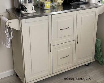 Rolling Kitchen Island with Towel Rack and Storage and Stainless Steel Metal Top for Kitchen Cart with Width Off White