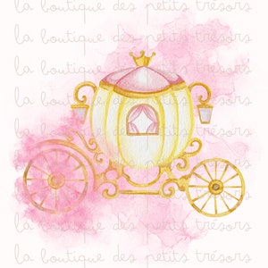 May include: A watercolor illustration of a golden carriage with pink accents. The carriage has a crown on top and a window with pink curtains. The carriage is on a pink watercolor background with the text "la boutique des petits trésors" repeated multiple times.