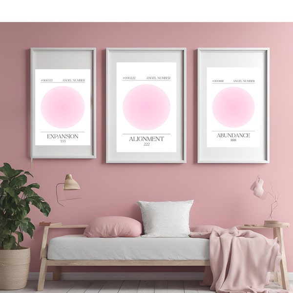 Set of 9 Angel Number Posters 000 to 999 Bundle Downloadable Wall Art Angel Numbers 000 111 222 333 444 555 777 888 999 Pink Gradient Circle
