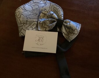 Papillon e Pochette, fatto a mano in misto seta fantasia  grigio e nero. Accessori uomo, cerimonia elegante.