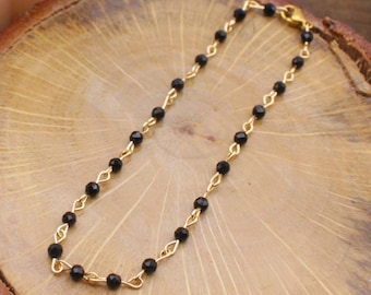 Onyx Bracelet Chain, Real Gems 4 mm Solid Black Faceted Handmade Gift, Layered Customizable, Silver or Gold Tarnish-Resistant, Nickle Free