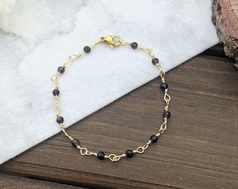 Obsidian Chain Bracelet, Real Gems 3 mm Faceted Black Handmade Adjustable, Water & Tarnish Resistant Stainless Silver, Rose Gold, Gold