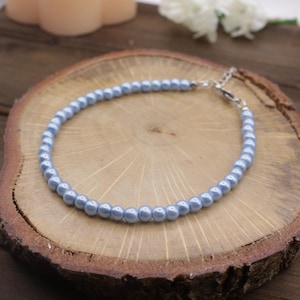 Blue Pearl Bracelet, 5 mm Glass Pearl with Stainless Steel or 18K Gold, Handmade Gift for Mom or Girlfriend, Adjustable, Tarnish Resistant