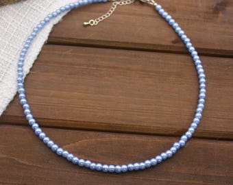 Blue Pearl Necklace or Choker, 4 mm Glass Faux Handmade Gift, Blue Adjustable, Stainless Steel or Gold With Extender, 18 - 26 inches