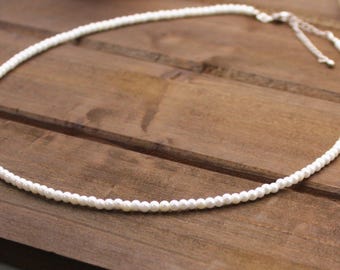White Pearl Necklace or Choker, 3 mm Handmade Gift, Glass Faux, Adjustable Sizes, Stainless Steel or Gold, 15&quot;, 18&quot;, 22 inch with Extender