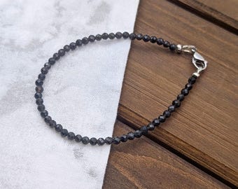 Obsidian Anklet, Rel Gemstone 3 mm Faceted Handmade Gift, Adjustable Sizes, Stainless Steel or Gold, Minimal, Dainty, Black Minimal Beads