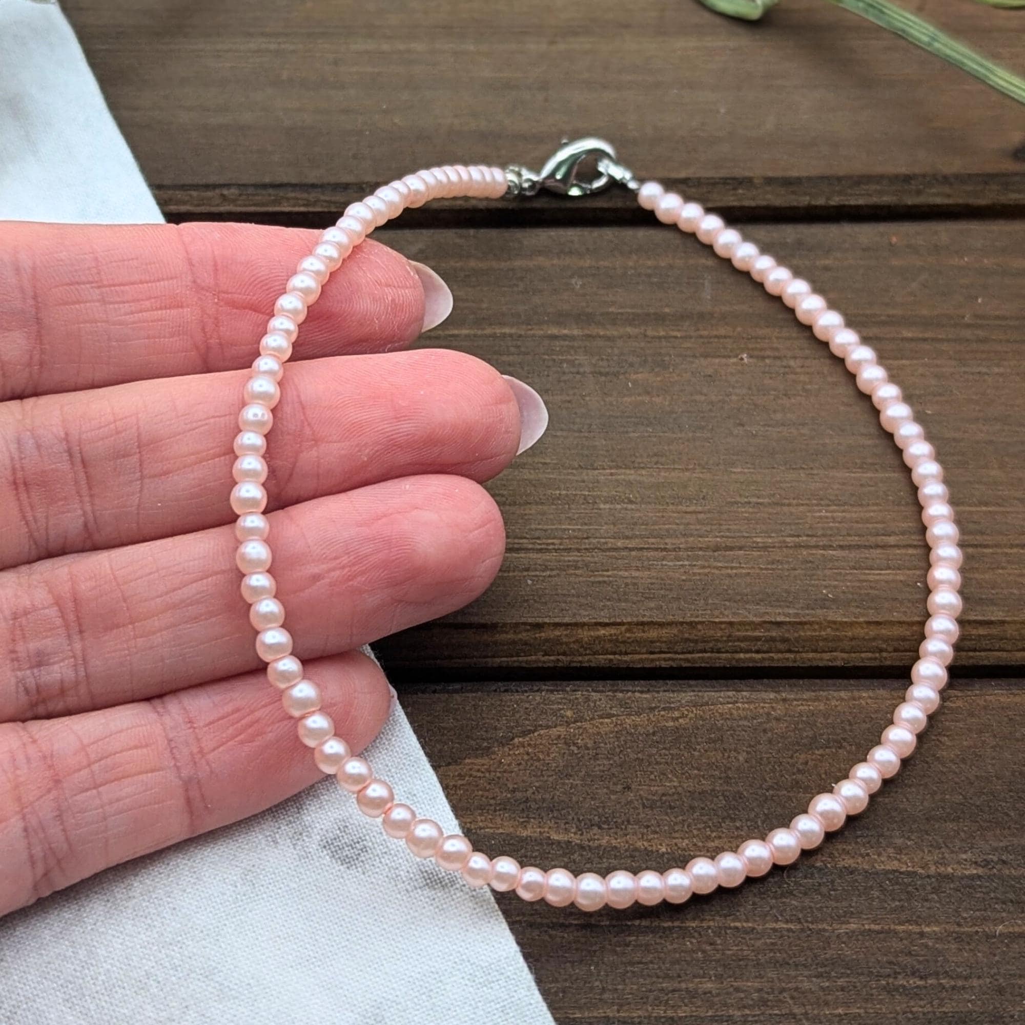 Pink Pearl Necklace or Choker, 3 mm Glass Faux Handmade Gift, Adjustable, Stainless Steel Silver or Gold, Extender, Mom, Girlfriend, Wife