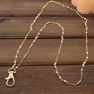 Pink Crystal Paperclip Chain Lanyard Necklace 33 Inches Keychain, Gold, Hypoallergenic, Teachers Assistant Admin Keychain, Gift, Manager