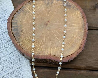 White Pearl Chain Necklace or Choker, 3 mm Glass Faux Coquette Handmade Gift, Adjustable Sizes, Silver or Gold, Tarnish Resistant
