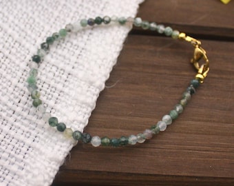 Moss Agate Bracelet, Real Gems 3 mm Faceted Handmade, Colorful Beaded Adjustable Sizes, Silver or Gold Tarnish-Resistant, Hypoallergenic