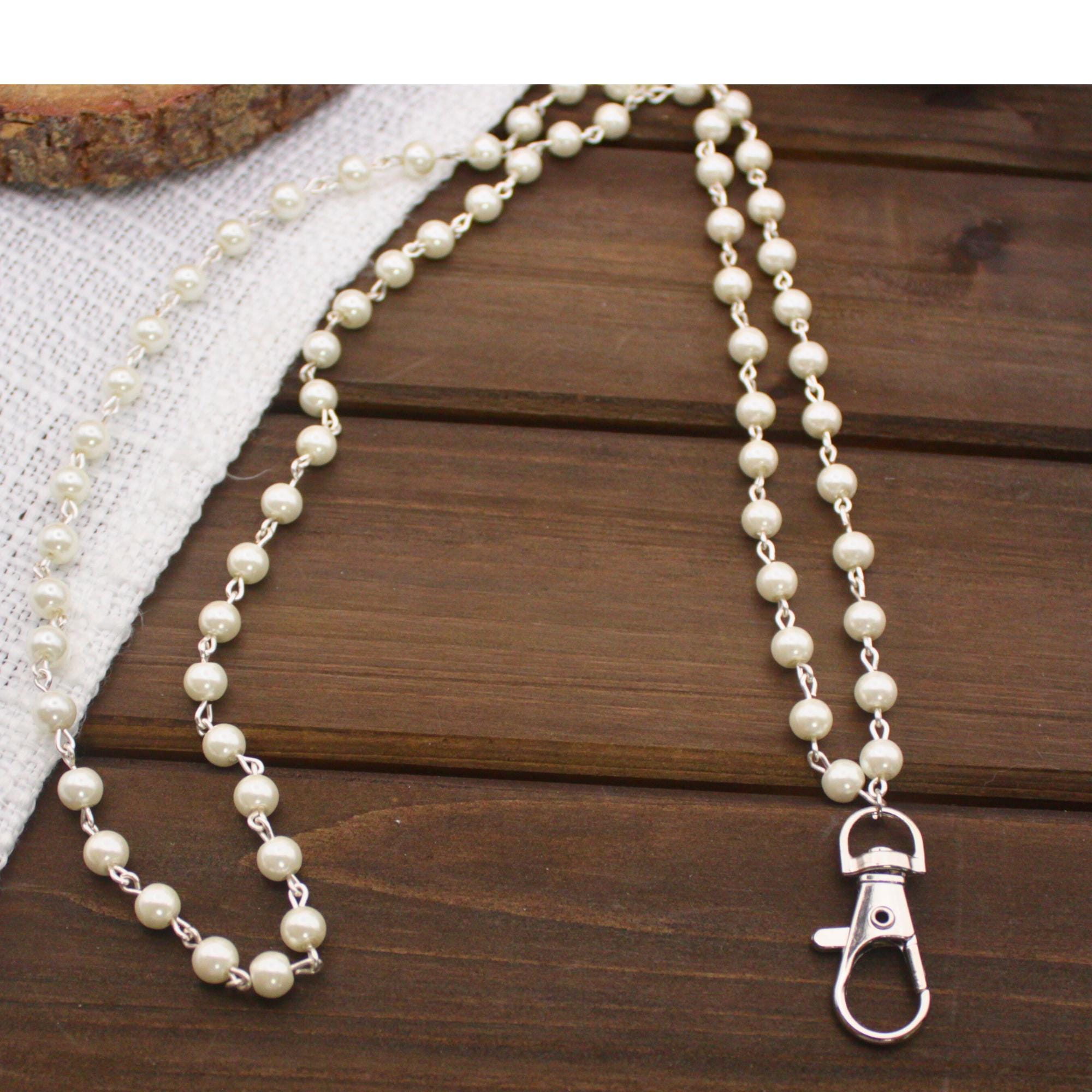 White Faux Pearl Chain Beaded Lanyard Necklace 33 Inches, Gold or