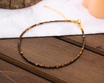 Tiger's Eye 2 mm Anklet, Real Gemstones Faceted Brown Handmade, Adjustable Sizes, Extender Stainless Steel or Gold, Minimal, Dainty, Gift