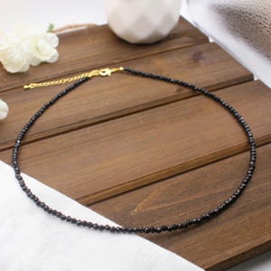 Onyx Necklace or Choker, Real Gemstone 3 mm Black Faceted Handmade, Adjustable Sizes, Layered Stainless Steel Silver or Gold with Extender