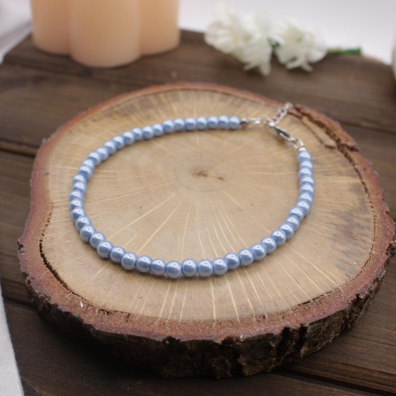 Blue Pearl Bracelet, 5 mm Glass Pearl with Stainless Steel or 18K Gold, Handmade Gift for Mom or Girlfriend, Adjustable, Tarnish Resistant