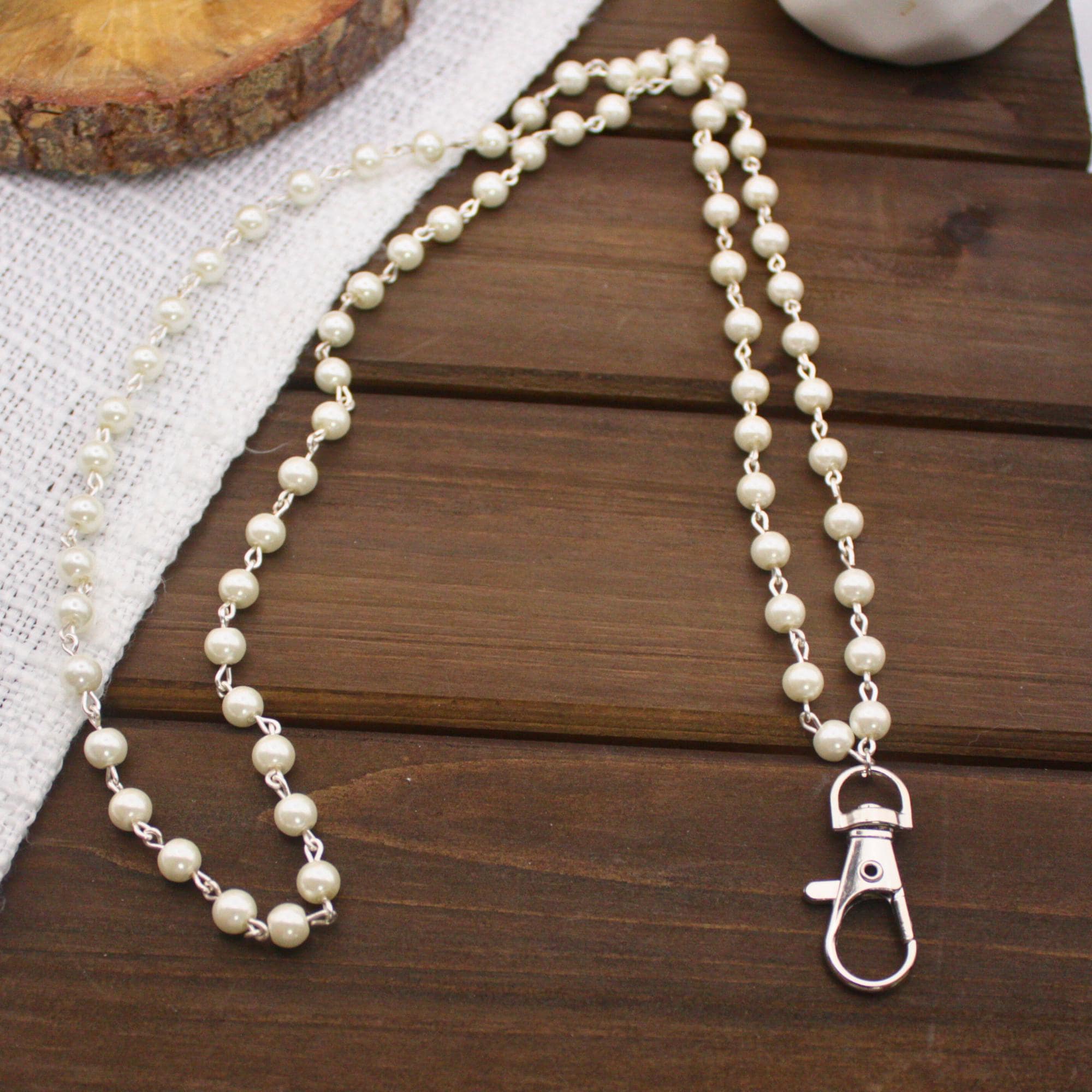 White Faux Pearl Chain Beaded Lanyard Necklace 33 Inches, Gold or