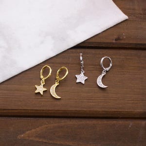 Moon & Star Endless Hoop Huggie Earrings, Hypoallergenic, Lead and Cadmium Free, Real Platinum Plated or Gold, Can Sleep In