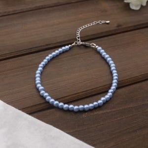 Blue Pearl Bracelet, 5 mm Glass Pearl with Stainless Steel or 18K Gold, Handmade Gift for Mom or Girlfriend, Adjustable, Tarnish Resistant