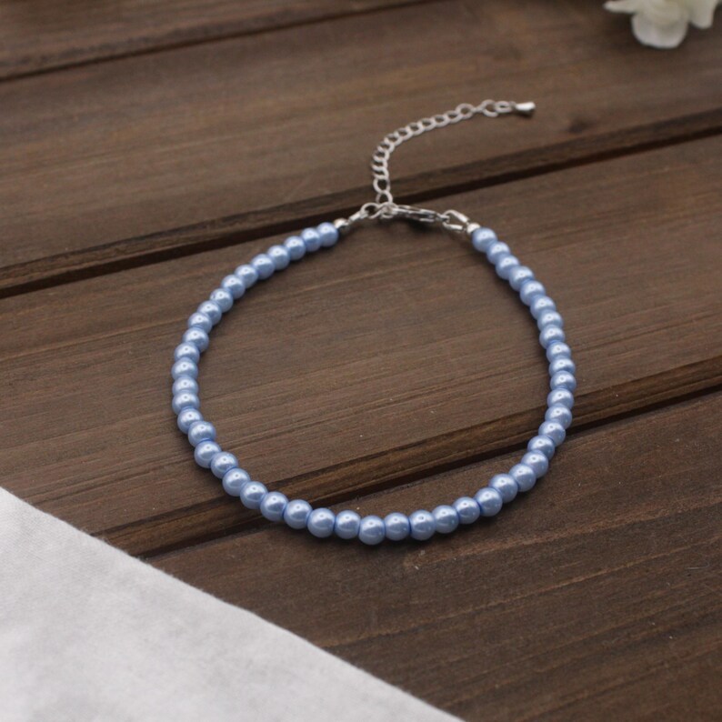 Blue Pearl Bracelet, 5 mm Glass Pearl with Stainless Steel or 18K Gold, Handmade Gift for Mom or Girlfriend, Adjustable, Tarnish Resistant