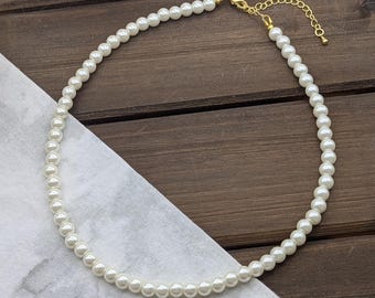 White Pearl Necklace or Choker, 6 mm Tarnish Resistant, Glass Faux Pearl, Nickel Free, Handmade Gift, Adjustable, Stainless Steel or Gold