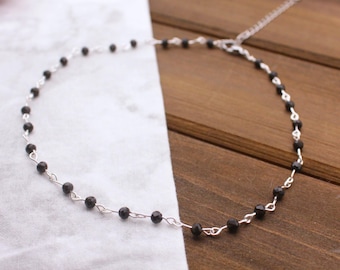 Collar o gargantilla de cadena de obsidiana, gemas auténticas de 3 mm, facetadas, negras, hechas a mano, ajustables, acero inoxidable, plata, oro rosa, oro, resistentes al deslustre.