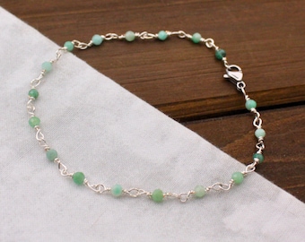 エメラルドチェーンブレスレット、3mmファセットカットの本物のグリーンジェムストーン、ステンレススチールまたはゴールドのハンドメイド、サイズ調整可能、変色防止、最小限