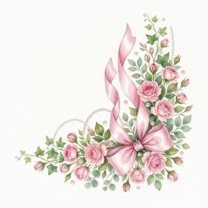 Red Roses Boder Watercolor Coquette Bow Corner Clipart Jpg Images, Pink Ribbon Floral ...