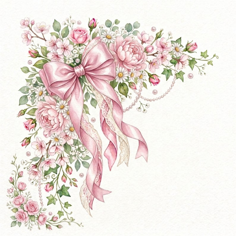 Red Roses Boder Watercolor Coquette Bow Corner Clipart Jpg Images, Pink Ribbon Floral ...