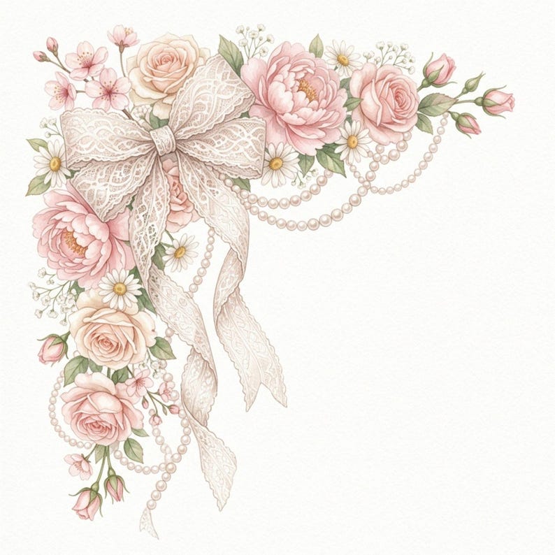 Red Roses Boder Watercolor Coquette Bow Corner Clipart Jpg Images, Pink Ribbon Floral ...