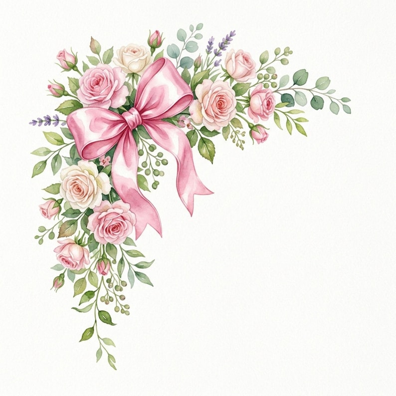 Red Roses Boder Watercolor Coquette Bow Corner Clipart Jpg Images, Pink Ribbon Floral ...
