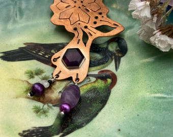 Purple Passion Flower Necklace Made with Copper and Fluorite Stone and Pearls