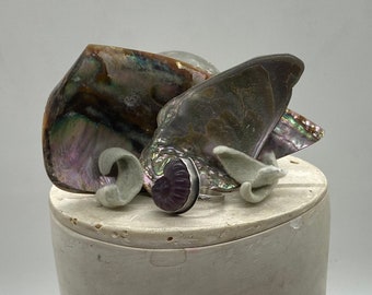 Purple Ammonite Ring Made With Carved Fluorite and Sterling Silver