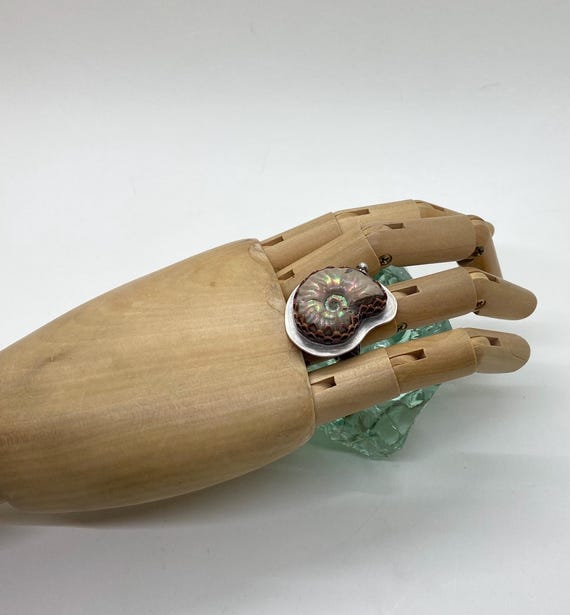 Rainbow Ammonite Fossil Ring Made with Sterling Silver and Copper