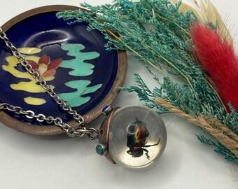 May include: A silver chain necklace with a clear, round pendant containing a preserved insect. The pendant is accented with copper and turquoise-colored stones. A small, blue and gold decorative dish is in the background, along with dried flowers.