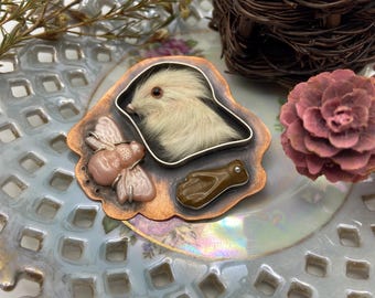 May include: A unique brooch featuring a small, taxidermied bird with a silver frame, set on a copper base. The design includes a pink bee and a brown, teardrop-shaped element. The brooch is displayed on a decorative, iridescent plate.