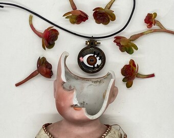 Brown Eye Necklace from my Threaded Curiosities Series Made With Roll printed Brass and Plastic Eye