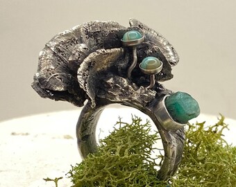 Forest Fantasy Ring Made With Raw Emerald and Agate stones cast in Sterling Silver