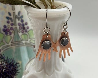 High Five Hand Earrings made With Copper and Cloud Stones set in Sterling Silver