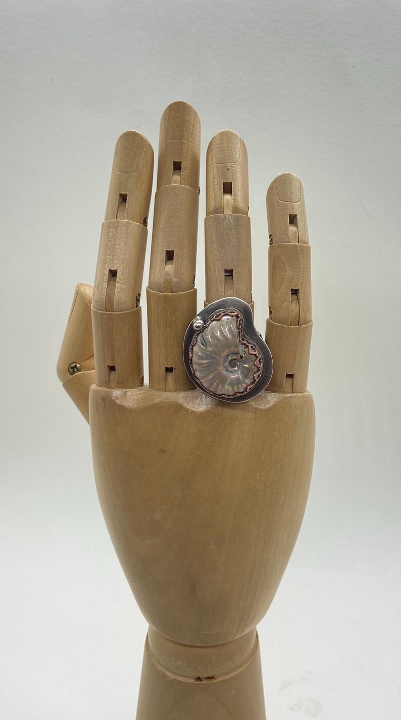May include: A silver ring with a copper accent featuring a white ammonite fossil.