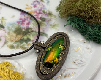 May include: An oval pendant featuring a dark wood frame with a central iridescent green and gold beetle wing segment secured by yellow thread stitches. The pendant is attached to a thin black cord, creating a necklace with a natural aesthetic.