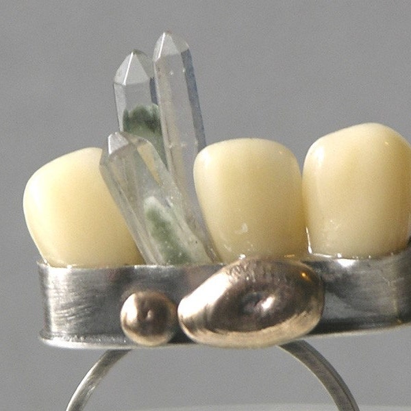 Bitten Off More Than You Can Chew Ring Made With Fake Teeth And Rutilated Quartz Tourmaline Crystal Points