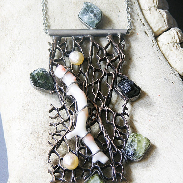 Desert Meets The Sea Necklace Made With Cast Bronze Cactus Core And Rough Tourmaline