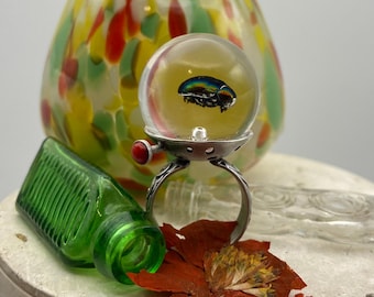 May include: A unique ring featuring a clear orb with a colorful beetle inside, set on a silver band with a red accent. A green glass bottle and a dried red flower are also in the image, along with a colorful glass vase.